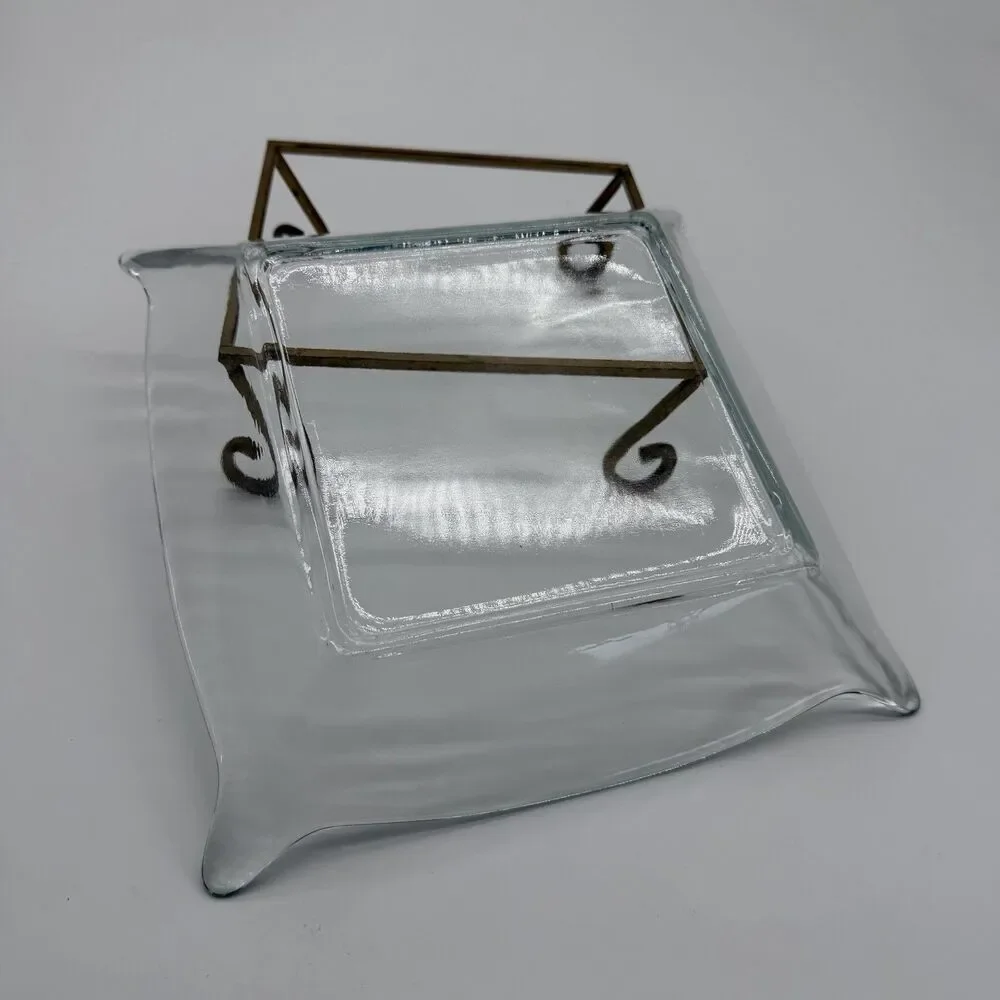 Vintage Square Deep Glass Candle Holder Potpourri With Metal Base Serving Dish